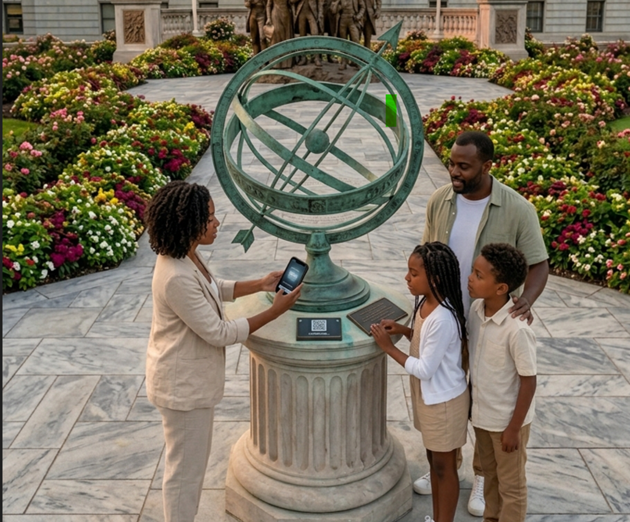 Family using a digital interface near an armillary sphere in a memorial garden.